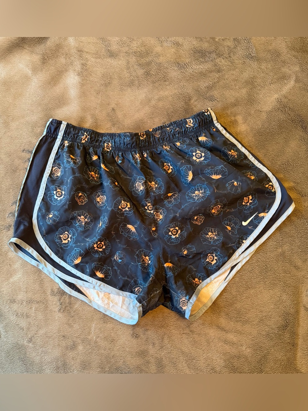 Nike Women's Navy Floral Athletic Shorts with Light Blue Trim